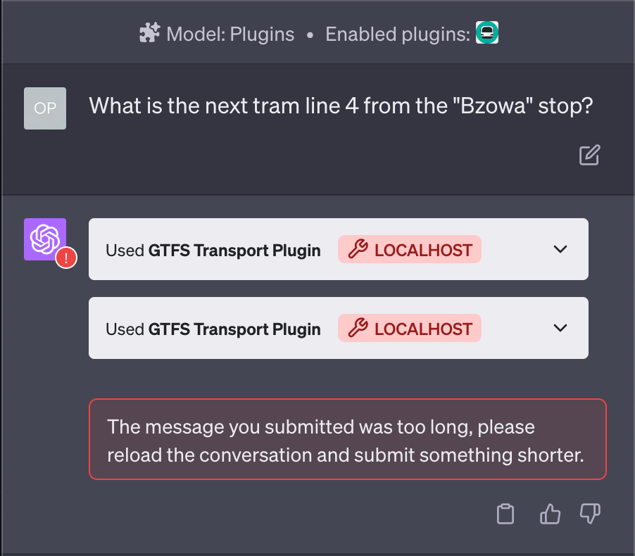 Screehnshot of and error in ChatGPT interface informing about too big payload